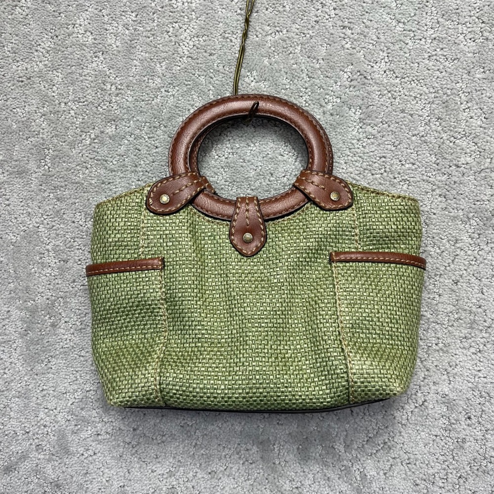 Fossil Geniune Class C Handbag Green Woven Straw Brown Leather Trim Round Handle